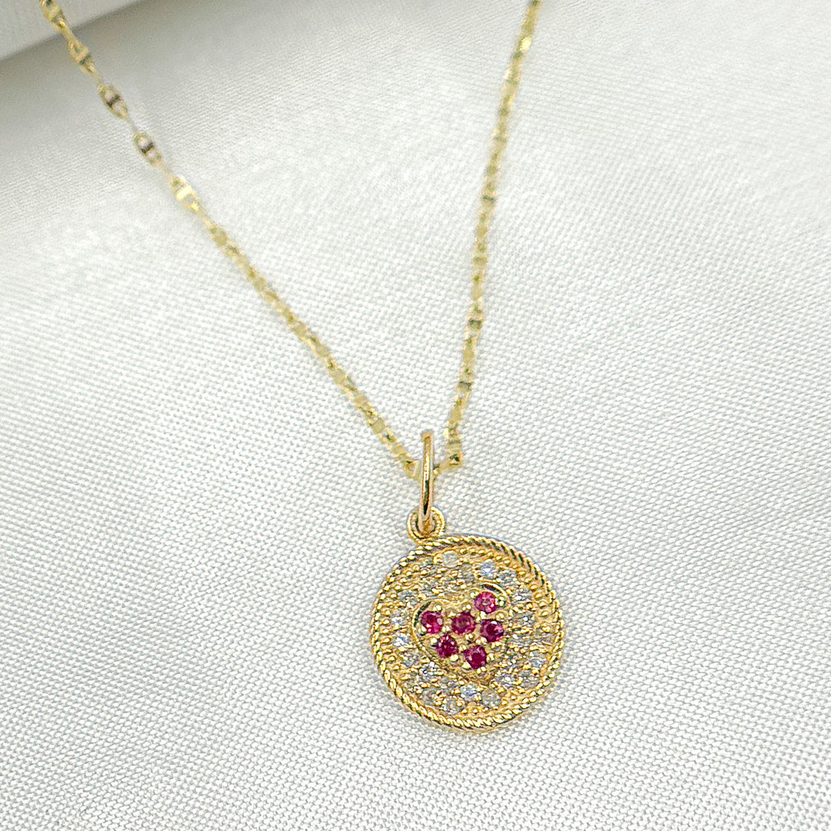 14k Solid Gold Diamond and Gemstone Circle Heart Charm. GDP409