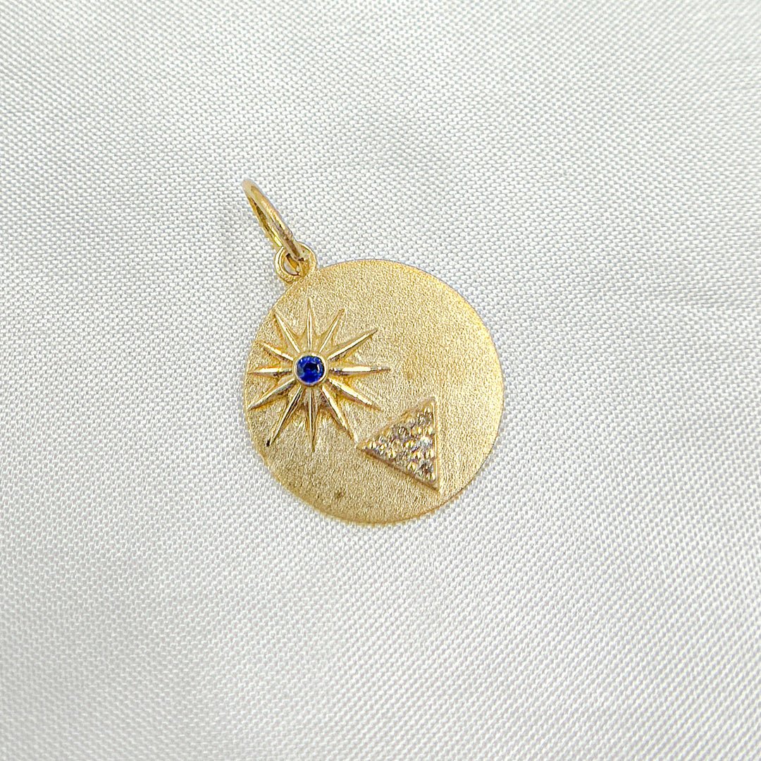 14K Gold Circle Charm Star and Triangle Pendant with Diamonds and Gemstone. GDP546