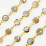 Load image into Gallery viewer, Coated Light Grey Moonstone Round Shape Bezel Gold Plated Wire Chain. CMS114
