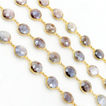 Load image into Gallery viewer, Coated Chocolate Moonstone Round Shape Bezel Gold Plated Wire Chain. CMS25
