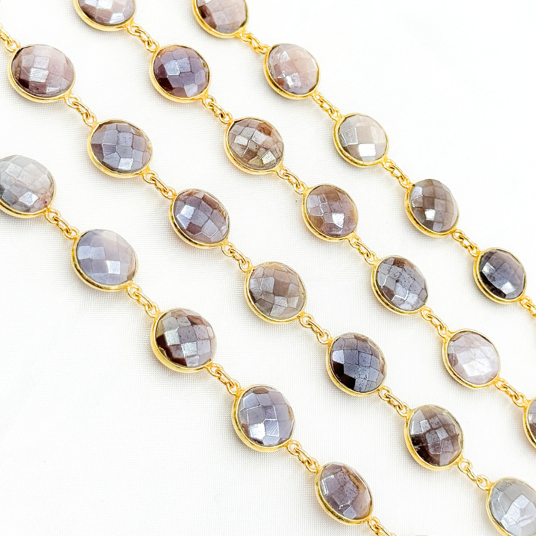 Coated Chocolate Moonstone Round Shape Bezel Gold Plated Wire Chain. CMS25