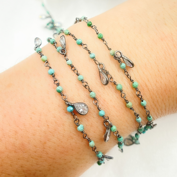Black Rhodium 925 Sterling Silver Wire Wrap Chain with 2mm Turquoise and CZ. TRQ17
