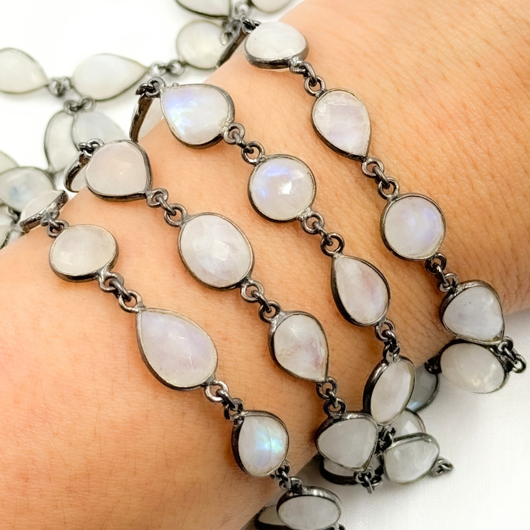 White Moonstone Oval & Pear Shape Bezel Oxidized Wire Chain. WMS36