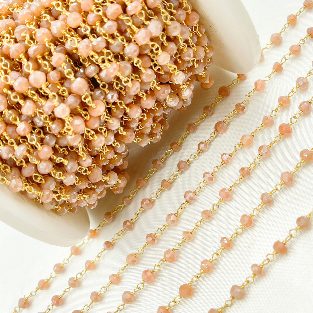 Coated Peach Moonstone Gold Plated Wire Chain. CMS60