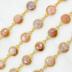 Load image into Gallery viewer, Coated Peach Moonstone Round Shape Bezel Gold Plated Wire Chain. CMS4
