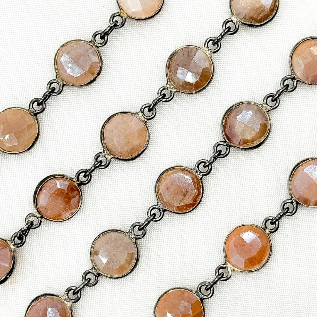 Coated Peach Moonstone Round Shape Bezel Oxidized Wire Chain. CMS110