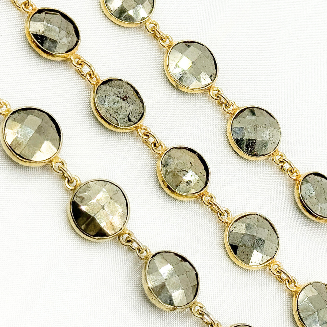 Pyrite Round Shape Bezel Gold Plated Wire Chain. PYR33