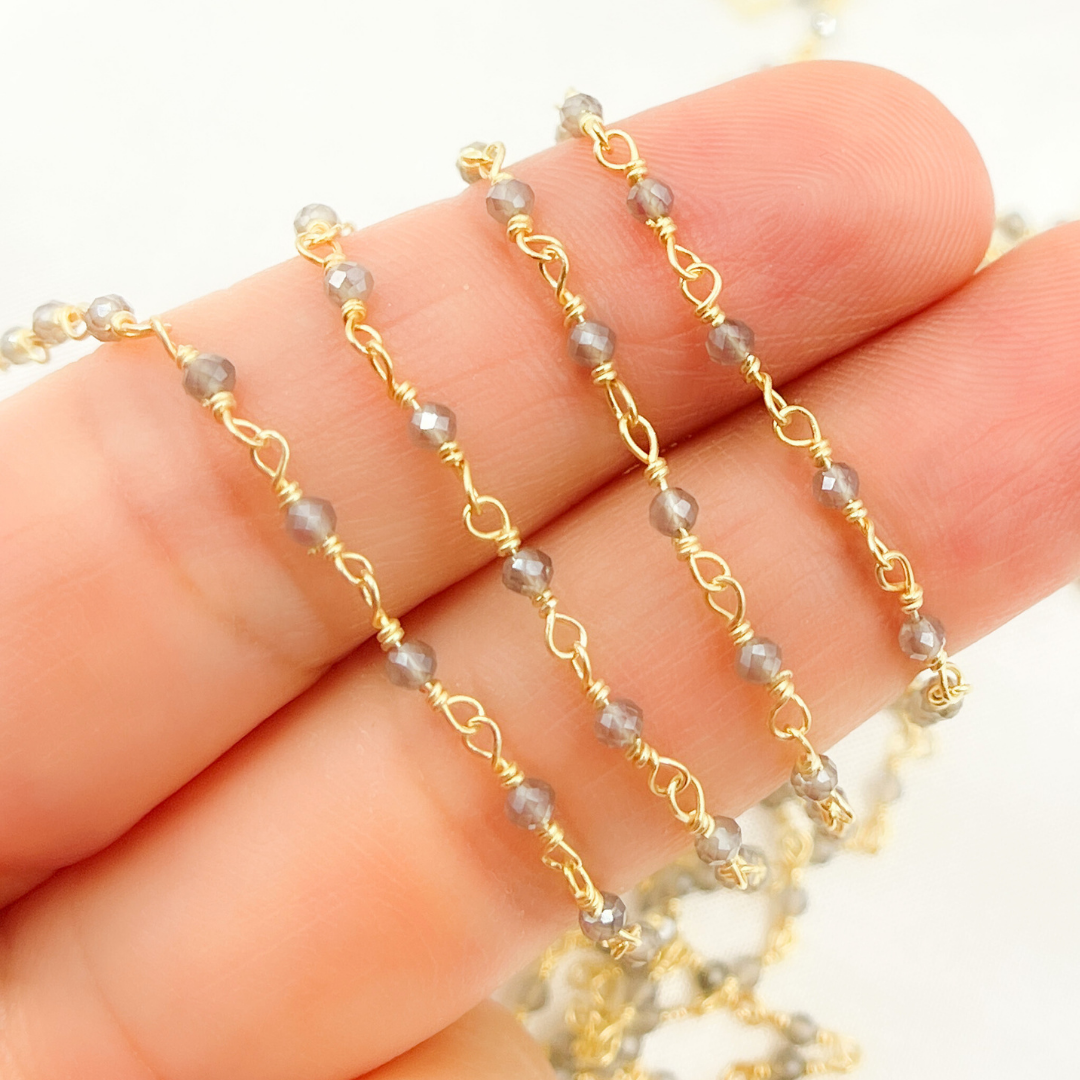 Coated Grey Moonstone Gold Plated Wire Chain. CMS62