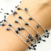 Coated Black Spinel Drop Dangle 925 Sterling Silver Wire Chain