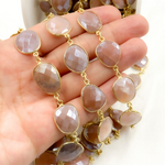 Load image into Gallery viewer, Coated Peach Moonstone Organic Shape Bezel Gold Plated Silver Wire Chain. CMS31
