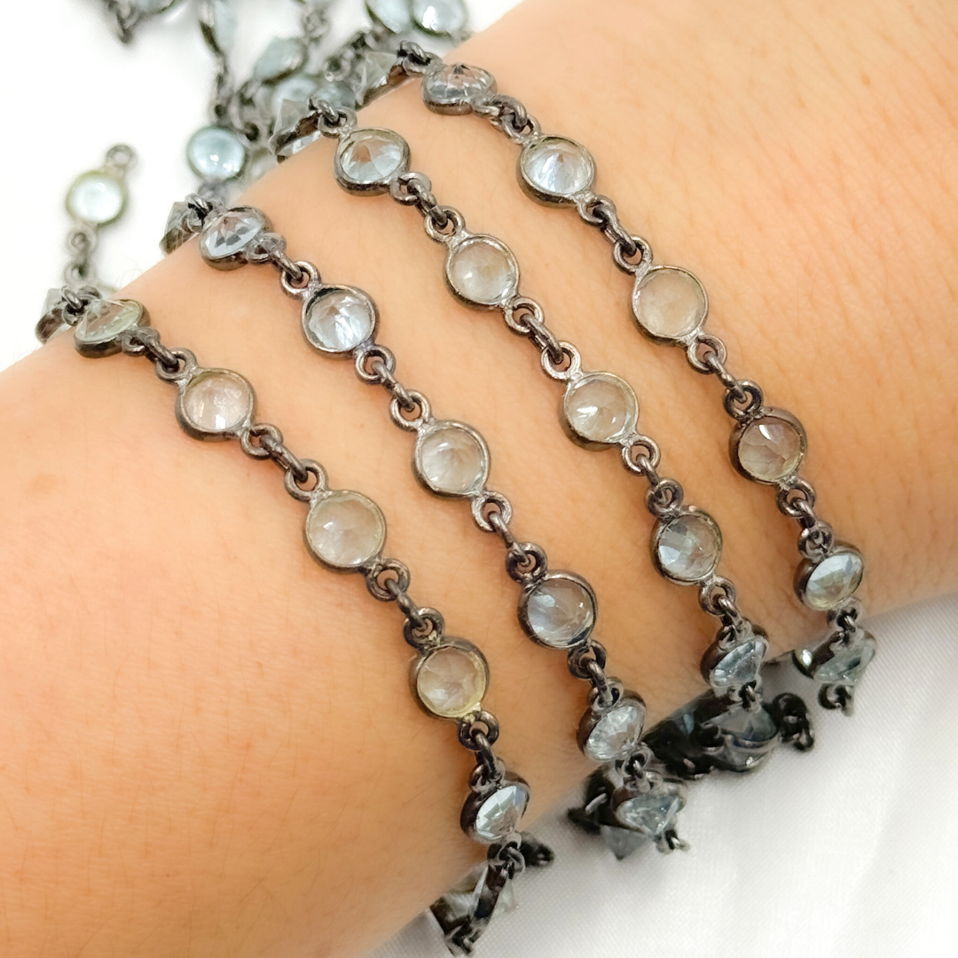 Sky Blue Topaz Round Shape Bezel Oxidized Wire Chain.