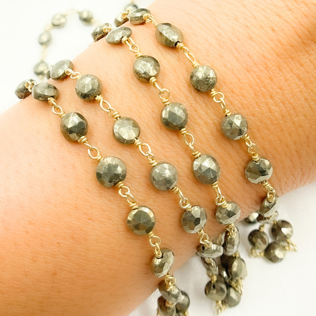 Pyrite Small Coin Shape Gold Plated Wire Chain. PYR49