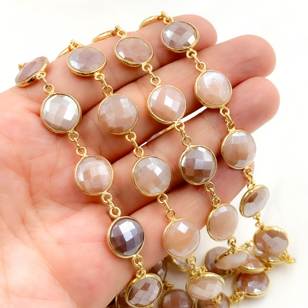 Coated Peach Moonstone Round Shape Bezel Gold Plated Wire Chain. CMS5