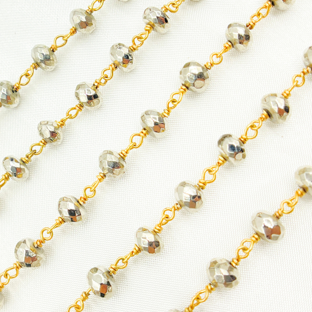 Steel Pyrite Rondel Faceted Gold Plated Wire Chain. SPY8