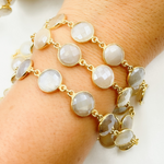 Load image into Gallery viewer, Coated White Moonstone Round Shape Bezel Gold Plated Silver Wire Chain. CMS18
