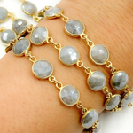 Load image into Gallery viewer, Coated Milky Aquamarine Round Shape Bezel Gold Plated Wire Chain. AQU9
