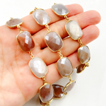 Load image into Gallery viewer, Coated Chocolate Moonstone Rectangular Shape Bezel Gold Plated Silver Wire Chain. CMS29
