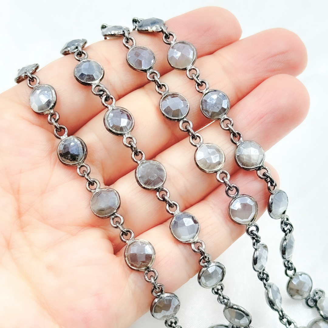 Coated Grey Moonstone Round Shape Bezel Oxidized Wire Chain. CMS103