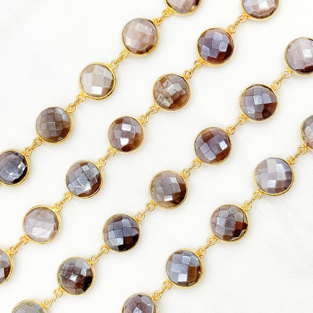 Coated Chocolate Moonstone Round Shape Bezel Gold Plated Wire Chain. CMS25