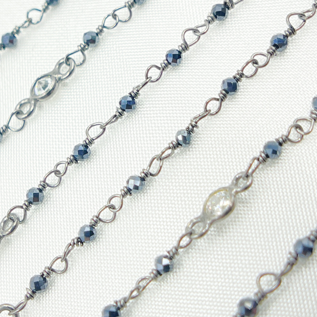 CBS13. Coated Black Spinel & Round CZ Wire Wrap Chain