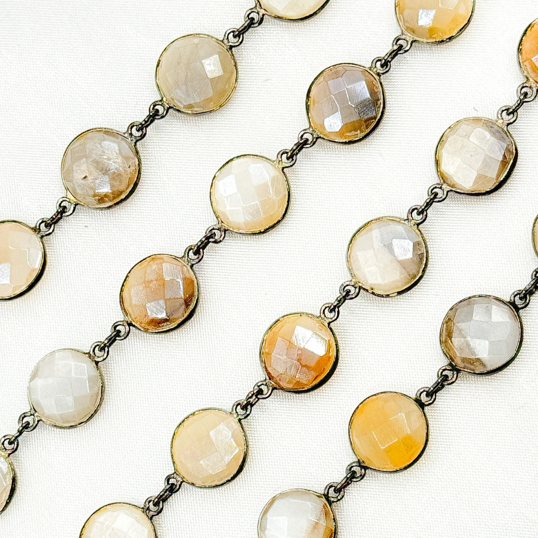 Coated White Moonstone Round Shape Bezel Oxidized Wire Chain. CMS15