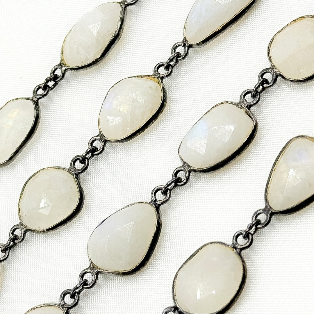 White Moonstone Organic Shape Bezel Oxidized Wire Chain. WMS35