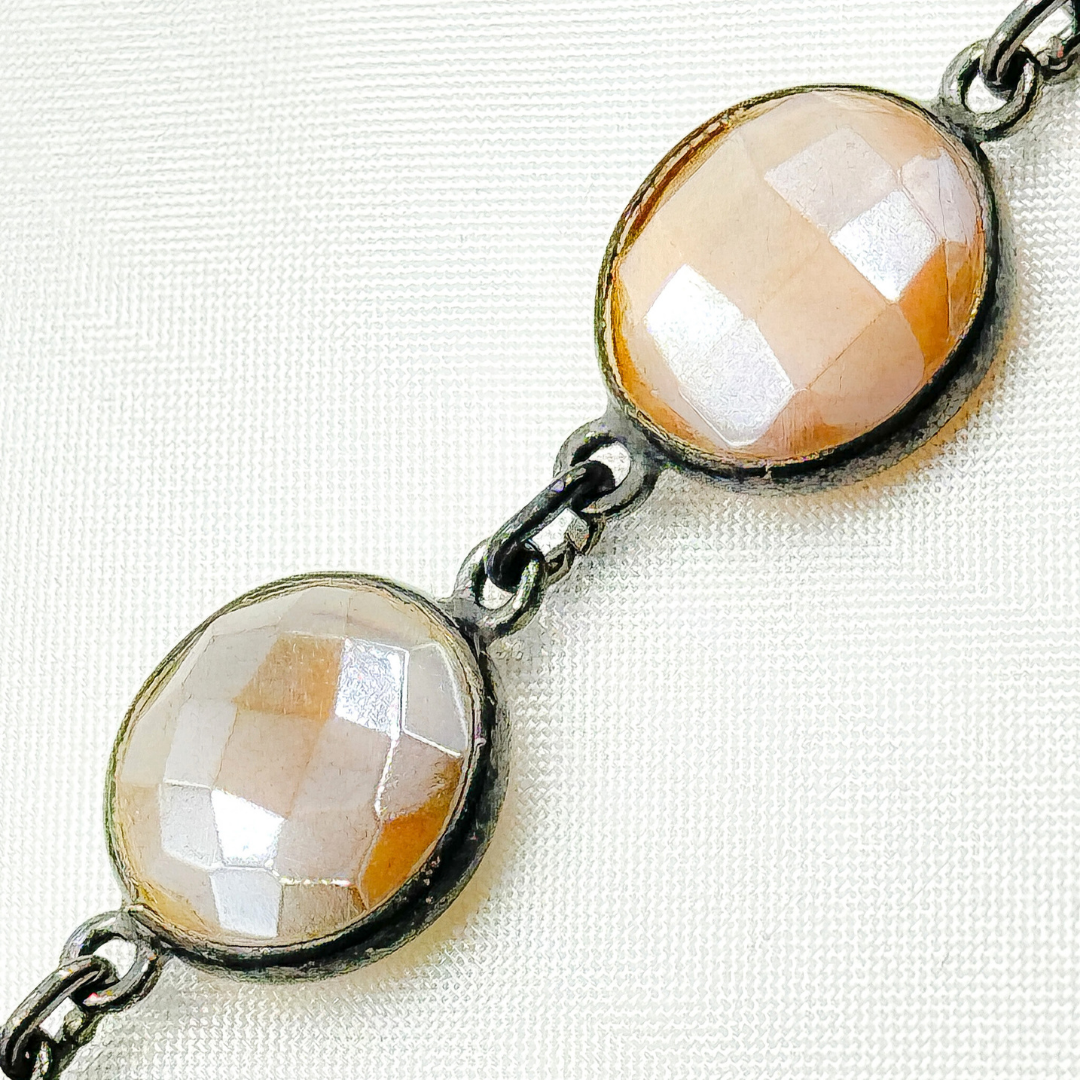 Coated Brown Moonstone Round Shape Bezel Oxidized Wire Chain. CMS8