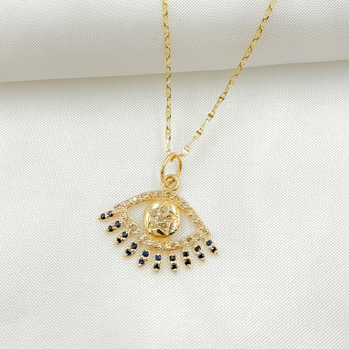 14K Solid Gold Evil Eye Pendant with Diamonds & Stone. GDP367