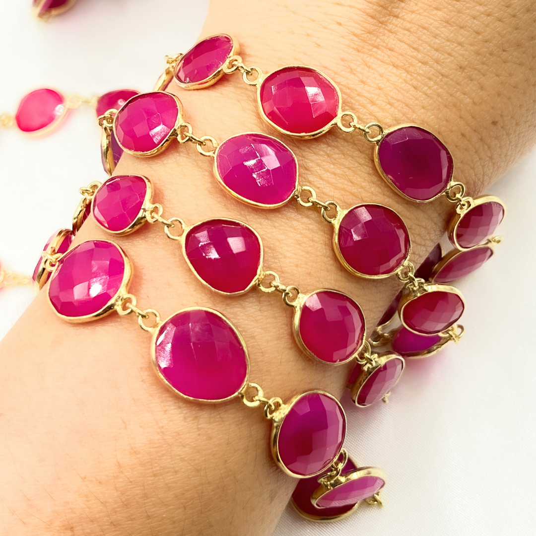 Pink Chalcedony Shape Bezel Gold Plated Wire Chain. PCL2