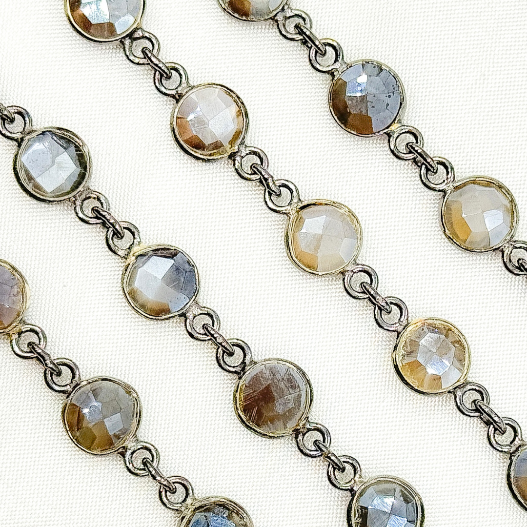 Coated Grey Moonstone Round Shape Bezel Oxidized Wire Chain. CMS103