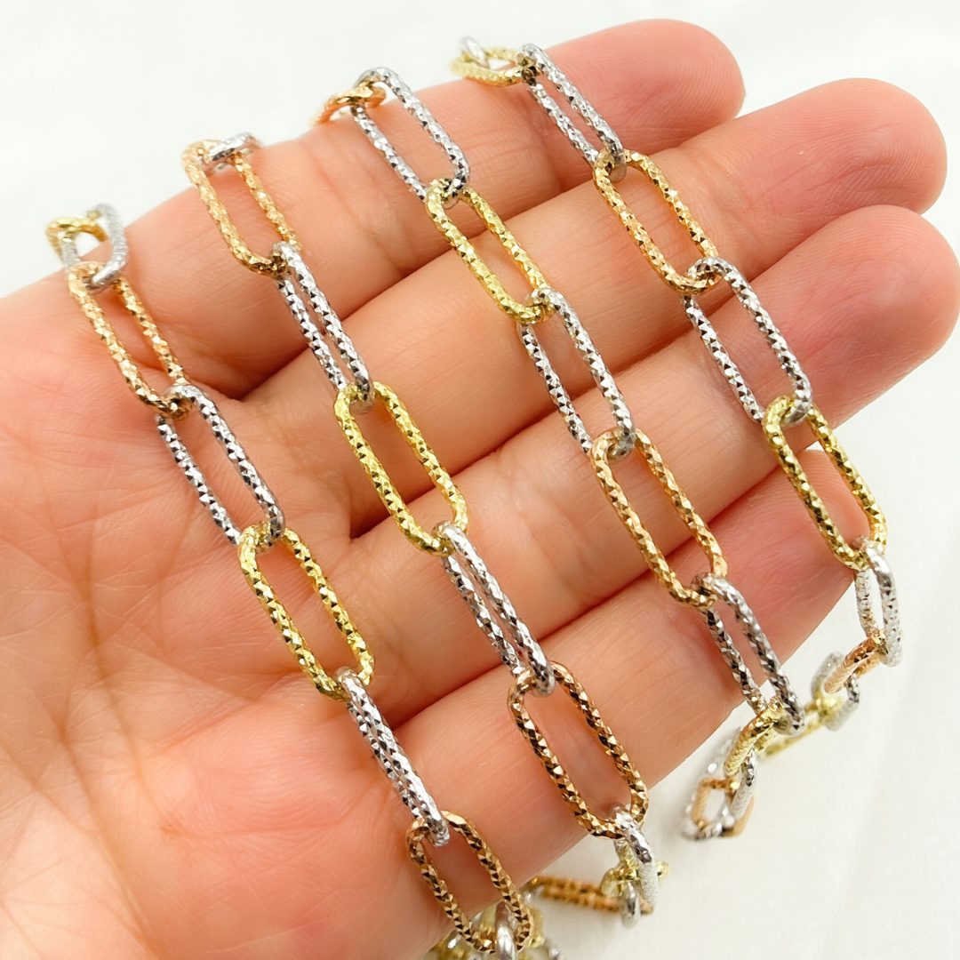 925 Sterling Silver Gold Plated, White Silver & Rose Plated Paperclip Diamond Cut Link Chain. V10GSR