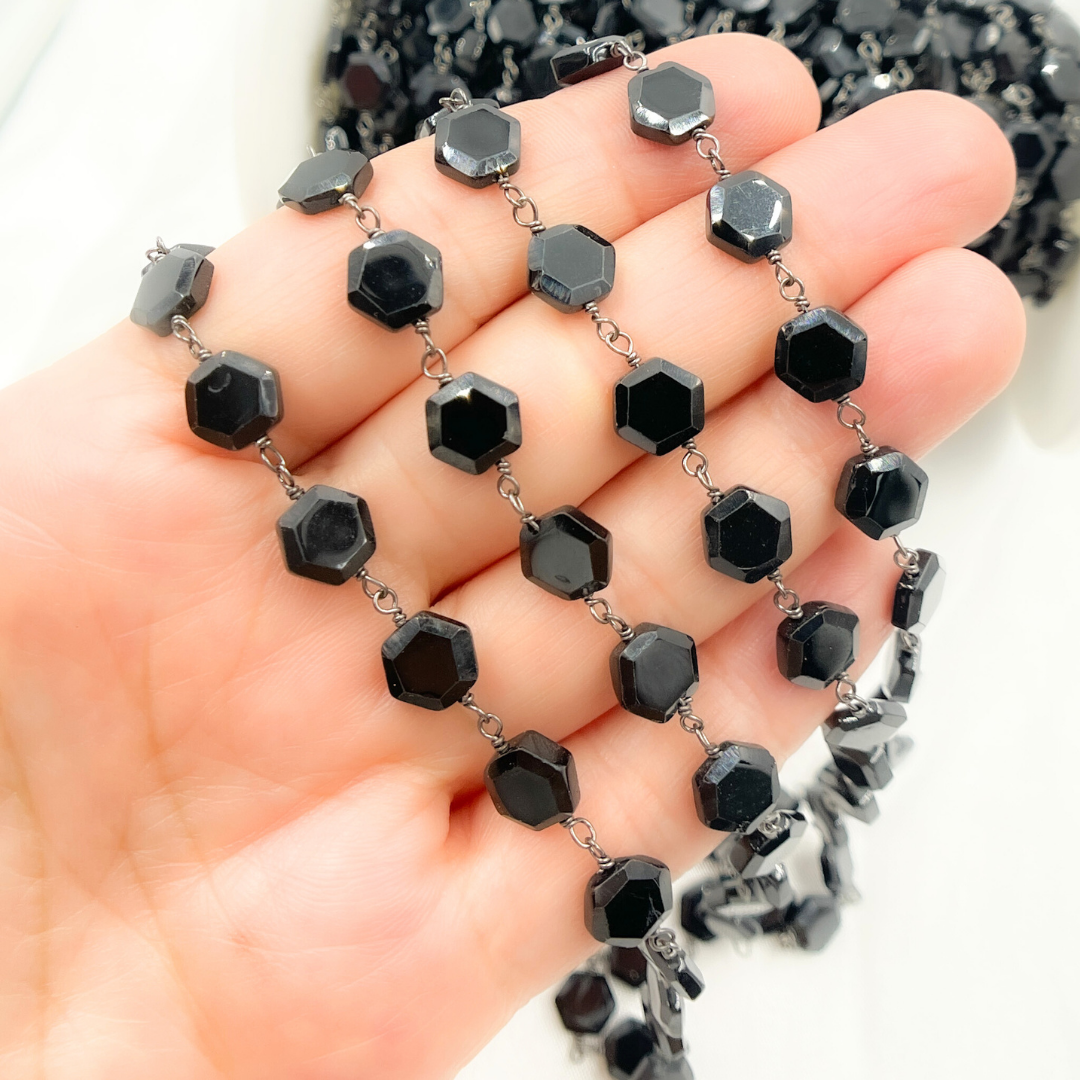 Black Spinel Hexagon Shape Oxidized Wire Chain. BSP22