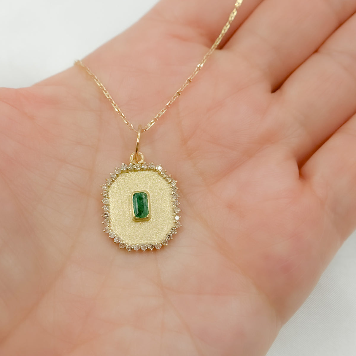 GDP612. 14k Solid Gold Rectangle Shape Emerald and Diamond Charm
