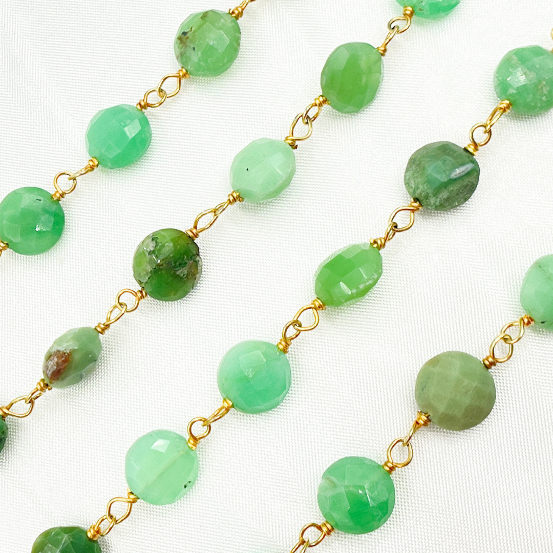 Chrysoprase Coin Shape Gold Plated Wire Chain. CHR16