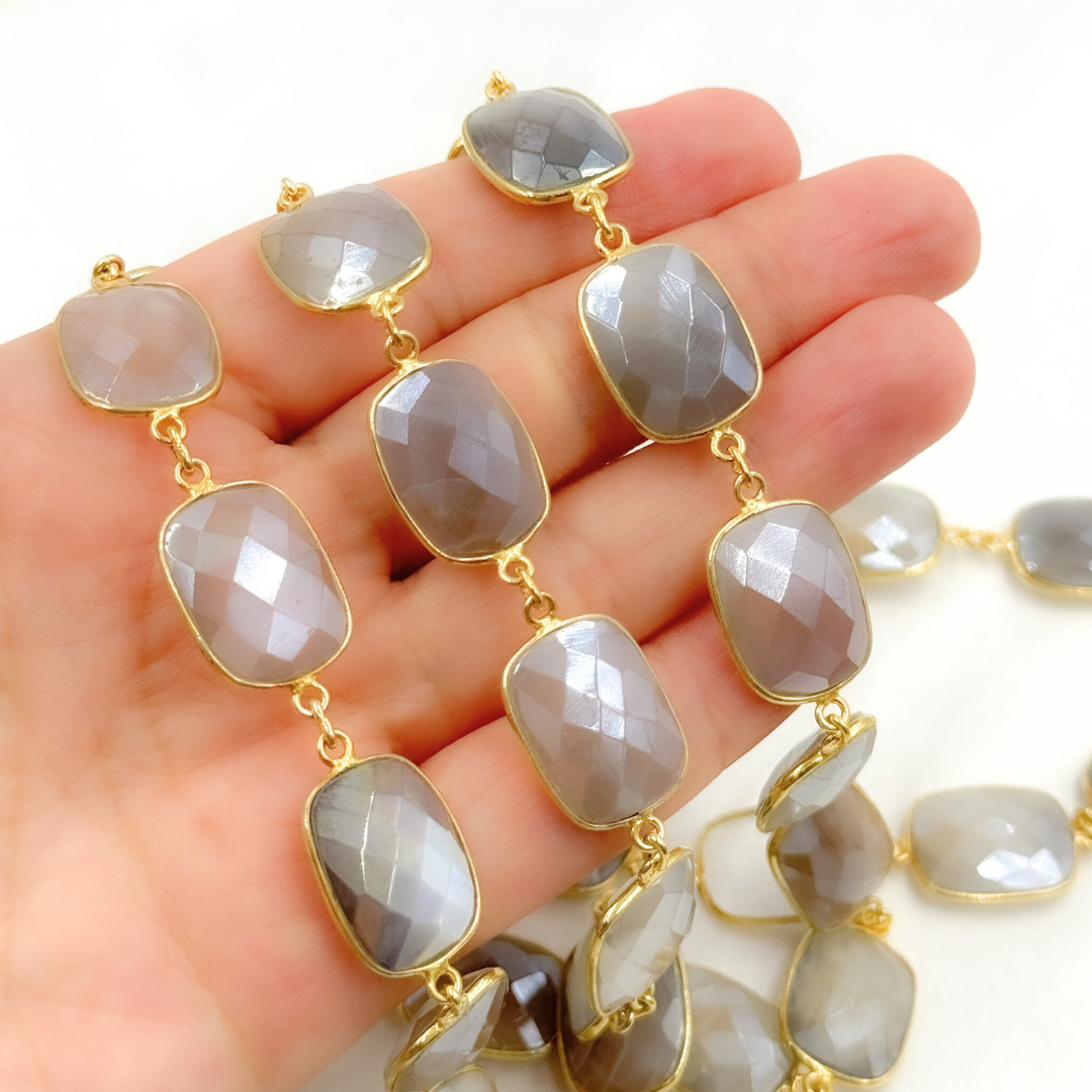 Coated Grey Moonstone Rectangular Shape Bezel Gold Plated Silver Wire Chain. CMS27