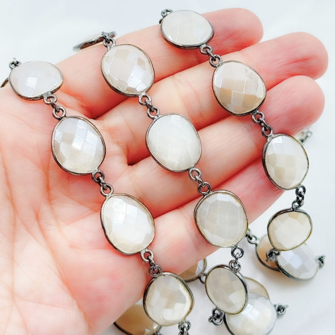 Coated White Moonstone Shape Bezel Oxidized Wire Chain. CMS97