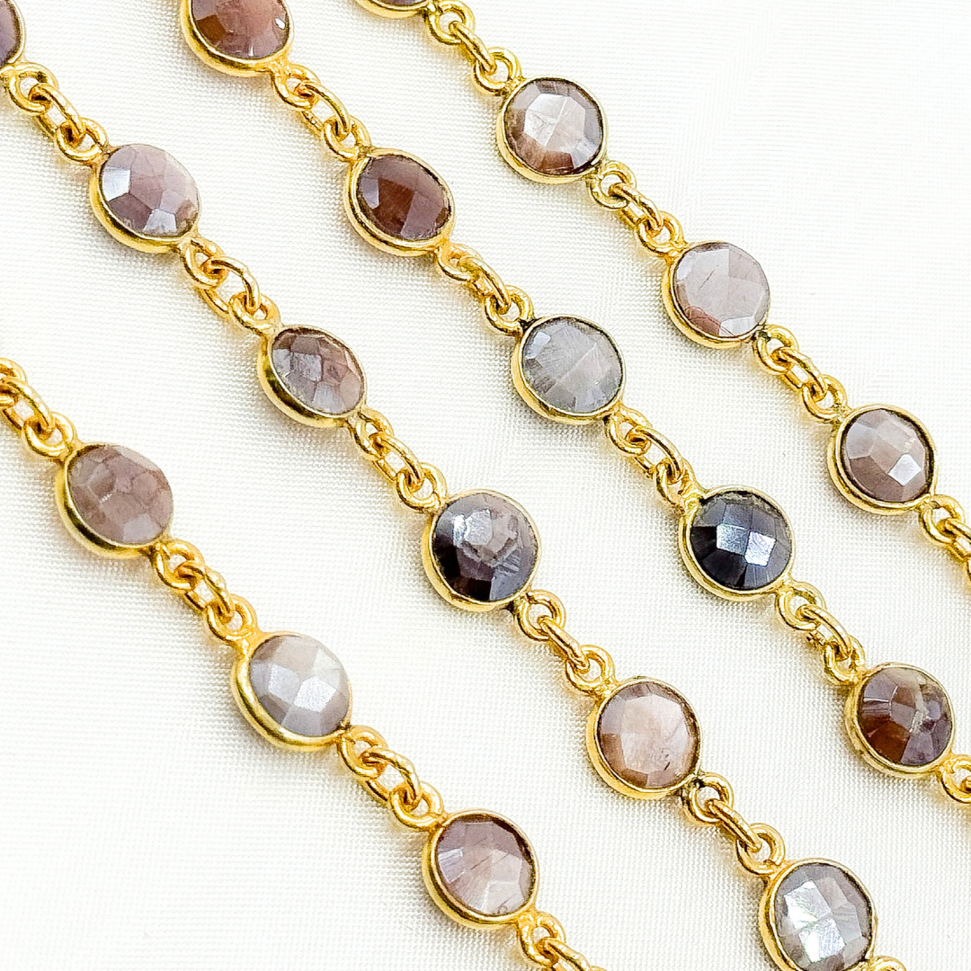 Coated Chocolate Moonstone Round Shape Bezel Gold Plated Wire Chain. CMS10