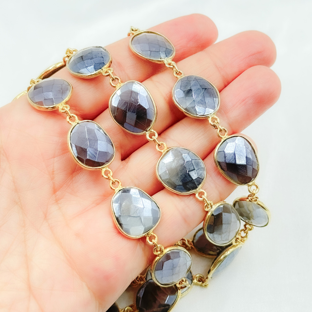 Coated Grey Moonstone Organic Shape Bezel Gold Plated Wire Chain. CMS28