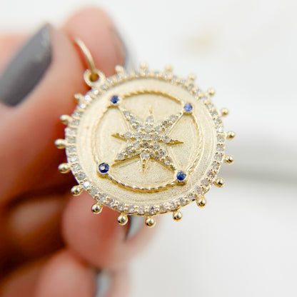 14k Solid Gold Diamond and Gemstone Star Circle Charm. GDP529