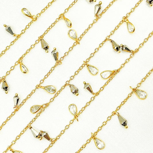Steel Pyrite Drop & CZ Pear Shape Dangle Oxidized Wire Chain.
