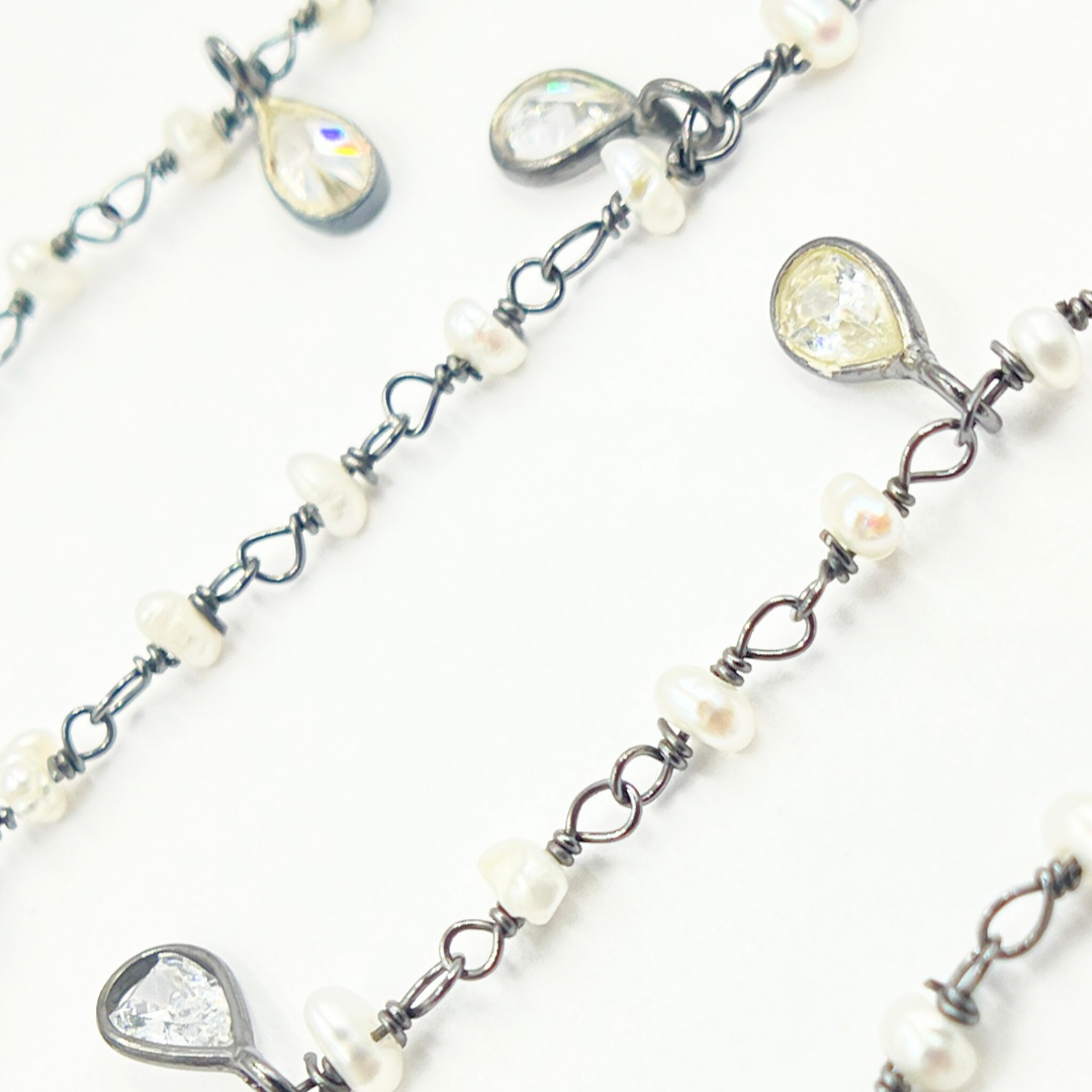 Pearl & CZ Dangle Oxidized Wire Chain. PRL10