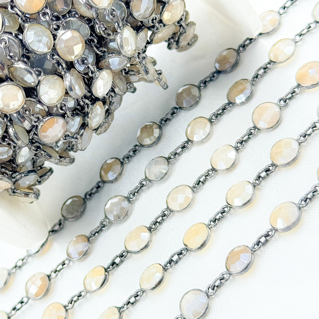 Coated White Moonstone Round Shape Bezel Oxidized Wire Chain. CMS101