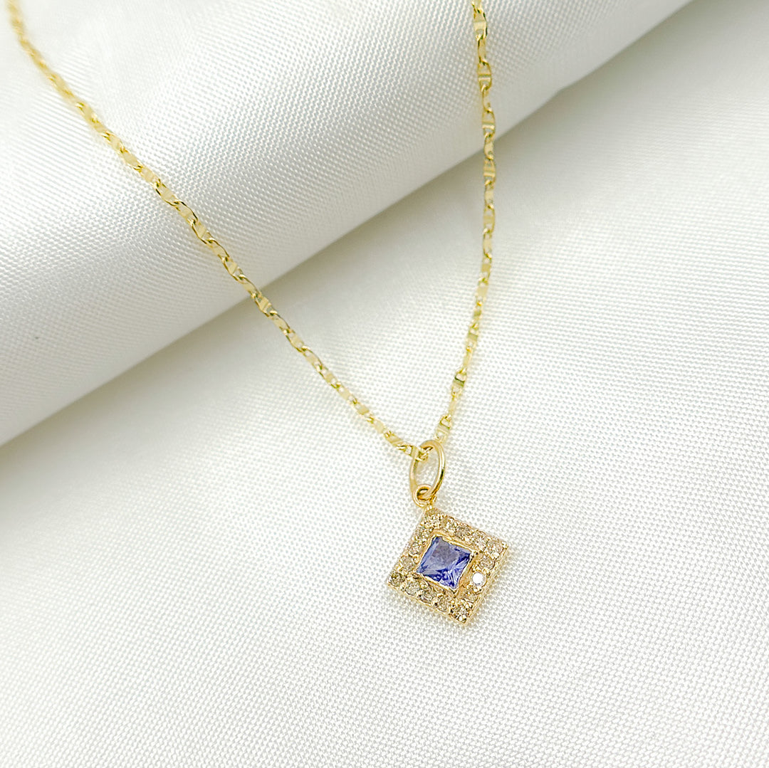 14K Solid Gold Diamond Square Charm with Gemstones. GDP451