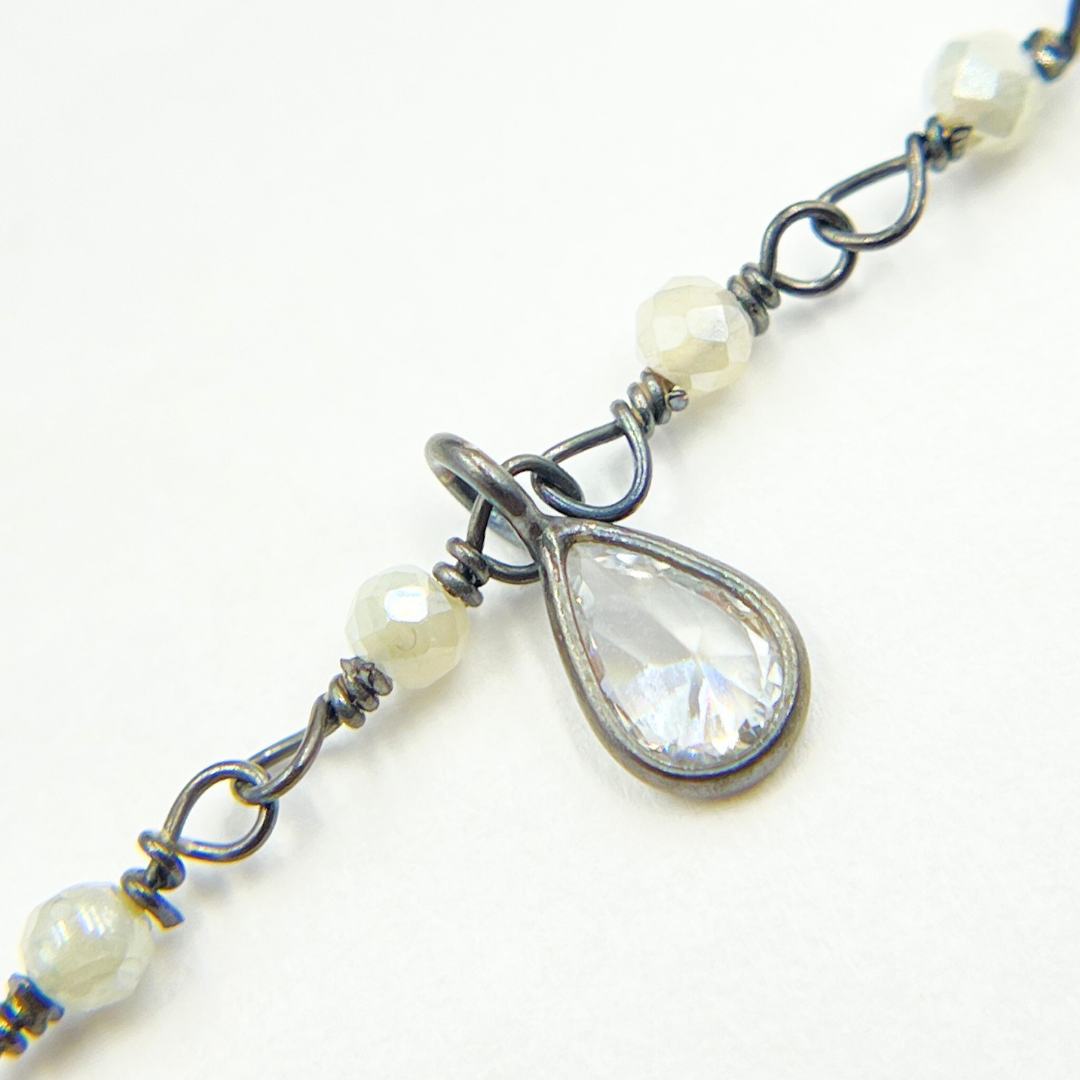 Coated Green Moonstone & CZ Dangle Oxidized Wire Chain. CMS39