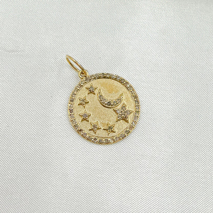 14k Solid Gold Diamond Circle Moon and Stars Charm. GDP620