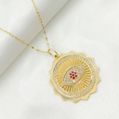 14K Solid Gold Diamond & Ruby Evil Eye Charm. GDP330