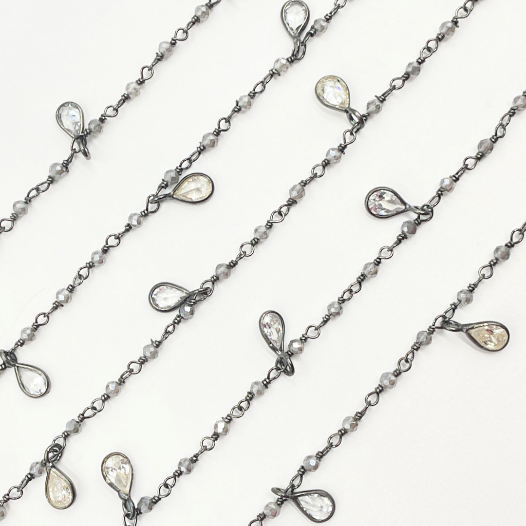 Coated Grey Moonstone & CZ Dangle Oxidized Wire Chain. CMS88