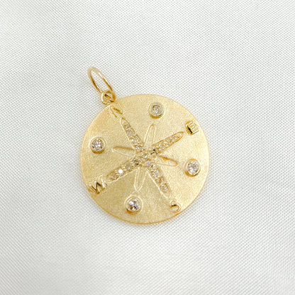 14k Solid Gold Diamond Medallion Compass Charm. GDP291