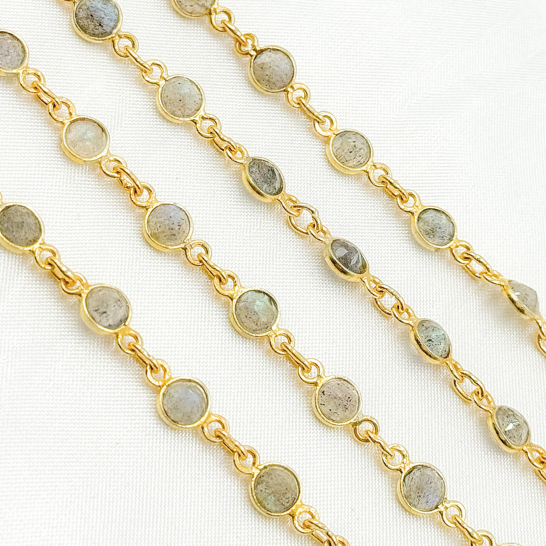 Labradorite Round Shape Bezel Gold Plated Wire Chain. LAB110