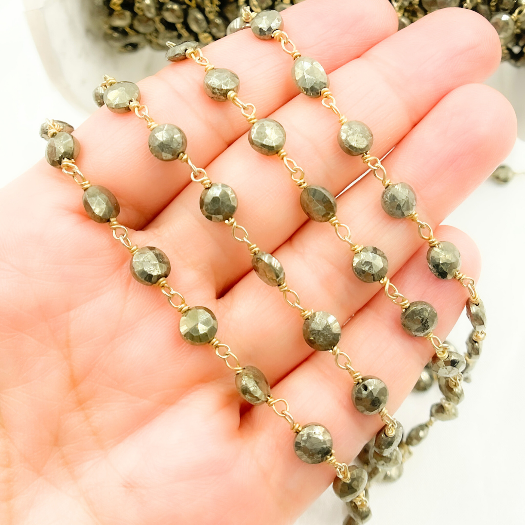 Pyrite Small Coin Shape Gold Plated Wire Chain. PYR49